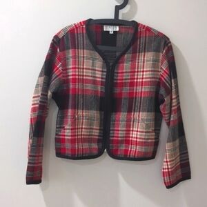 Finity Vintage Red Plaid Wool Blend Zip Up Sweater Jacket